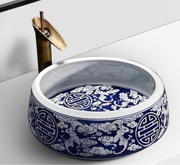 165-Blue and White marble with artistic effect round Ceramic Basin