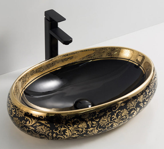 9030A- Black and Gold Oval shaped ceramic basin with artistic effect