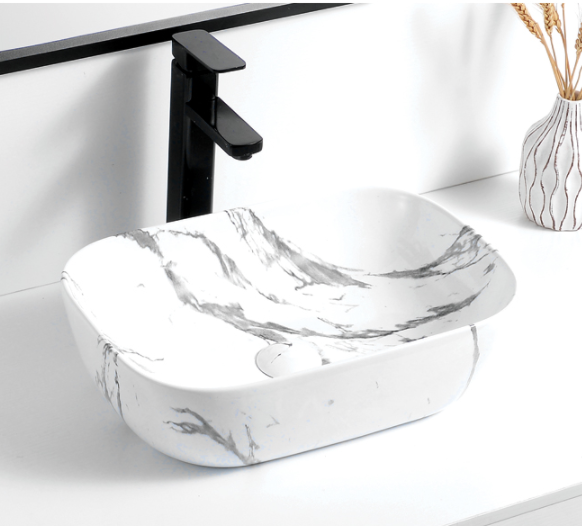 9387-2017 White marble with art rectangle shape ceramic basin