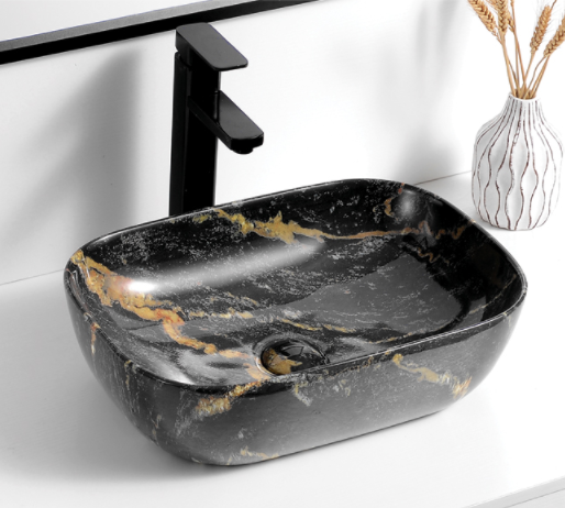 9387-2075 Black marble with golden art Ceramic Basin