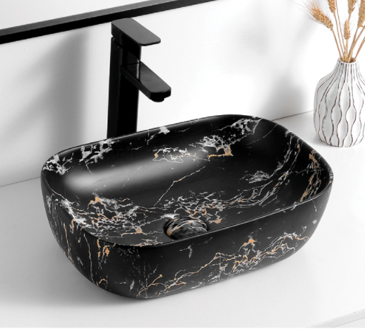 9387-2078 Black marble with golden and white art Ceramic Basin