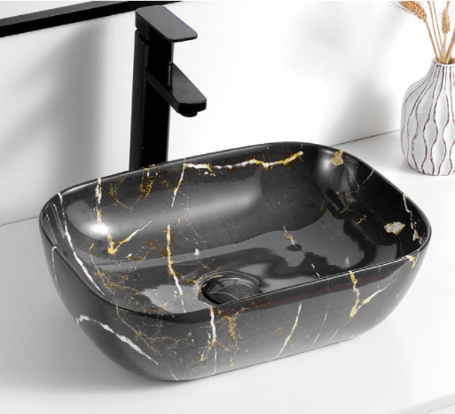 9387-2093 Black marble with golden and silver art Ceramic Basin