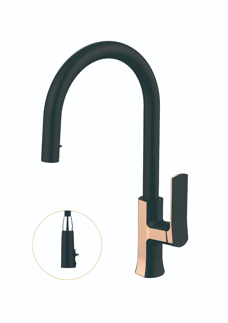 LM-1333-DBR-A Black & Rose Gold Single Handle pull-out Kitchen Mixer